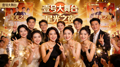 多位顶级明星嘉宾在壹号大舞台官方站发布会上的合影，背景是节目预告海报，气氛热烈。