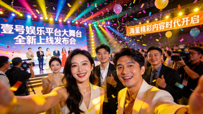 壹号娱乐平台大舞台全新上线发布会现场，舞台灯光璀璨，嘉宾云集，象征着海量精彩内容时代的开启。