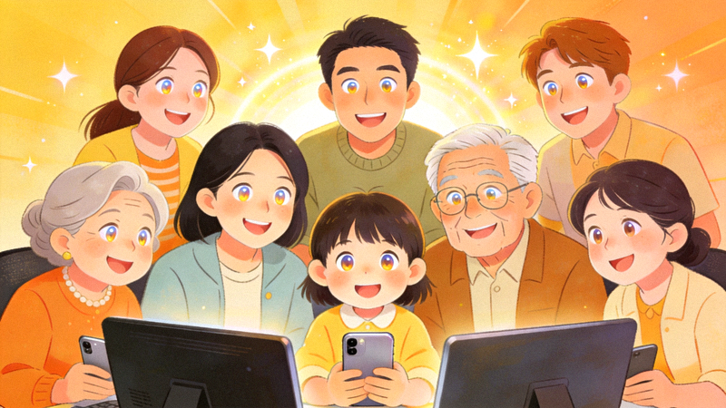 代表使命的图片：不同年龄、性别的人们在屏幕前露出开心笑容，传递积极情绪
