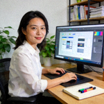 壹号大舞台用户体验设计师王芳女士正在使用设计软件优化界面
