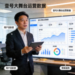 壹号大舞台运营经理赵磊先生在数据分析大屏前进行工作汇报
