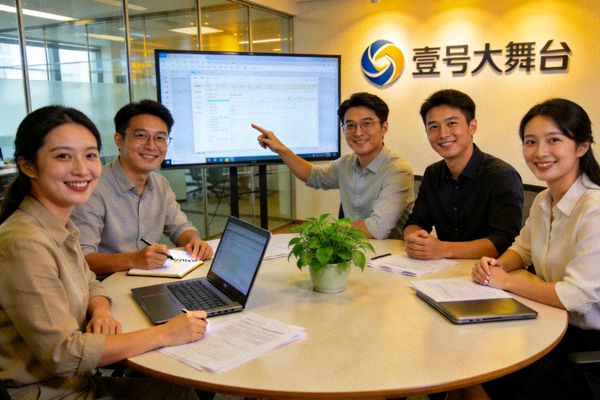 壹号大舞台团队成员在现代化办公室内进行协作讨论的温馨场景