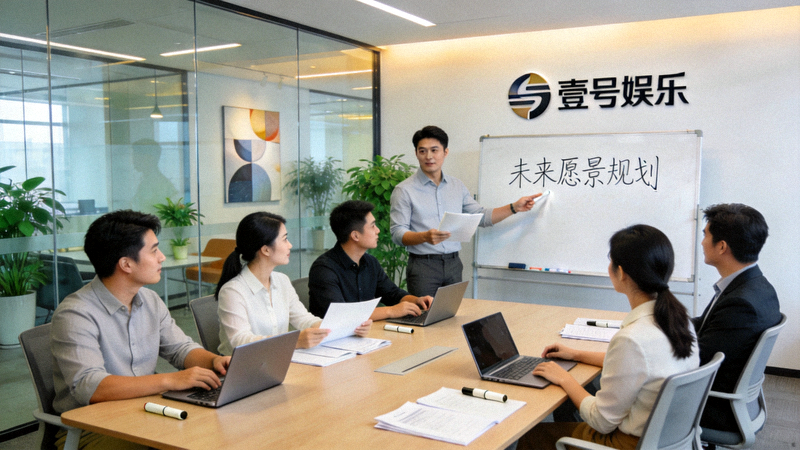 壹号娱乐公司团队在现代化办公室中讨论未来愿景的会议场景