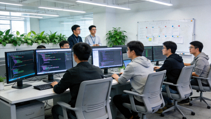壹号娱乐技术研发团队在现代化办公环境中进行代码审查与系统调试 - 工程师们专注地看着多屏显示器