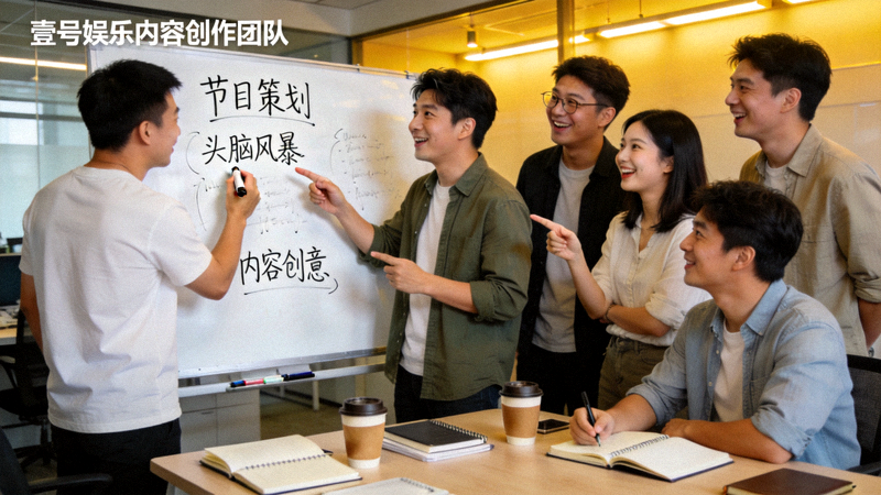 壹号娱乐内容创作团队正在进行节目策划头脑风暴会议 - 团队成员在白板前热烈讨论