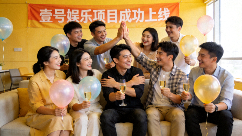 壹号娱乐项目成功上线后团队成员在休闲区共同庆祝 - 洋溢着笑容和轻松的氛围