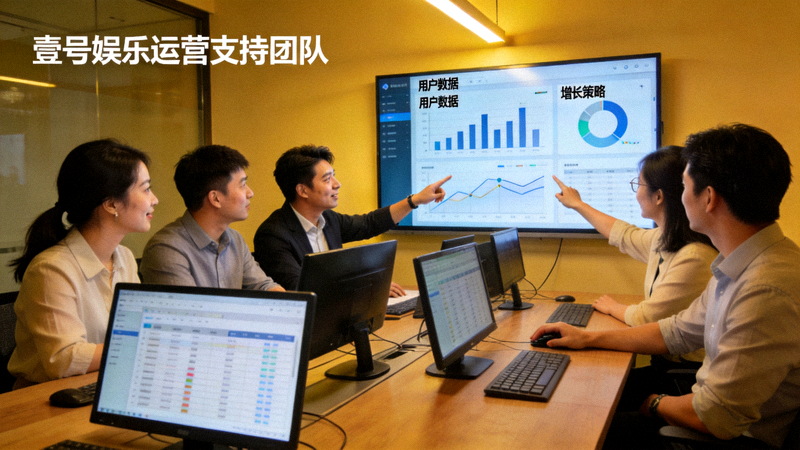 壹号娱乐运营支持团队在会议室分析用户数据并制定增长策略 - 团队成员围绕数据图表展开讨论
